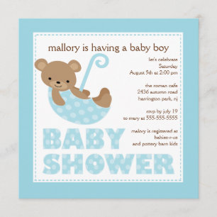 Cute Bear Umbrella Boy Baby Shower Invitation