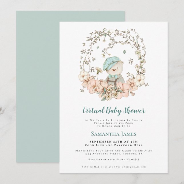 Cute Bear Vintage Foliage Virtual Baby Shower Invitation (Front/Back)