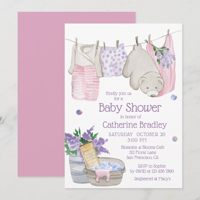 Cute Bear Wash Day Watercolor Baby Shower Invitation (Front/Back)
