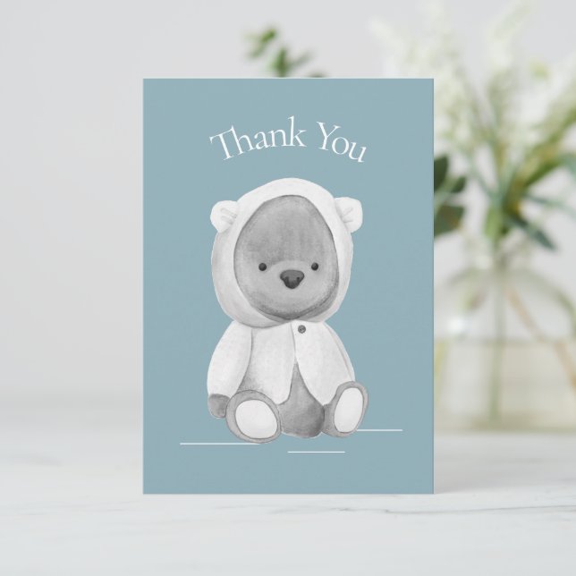Cute Bear Watercolor Blue Baby Shower Thank You  (Standing Front)
