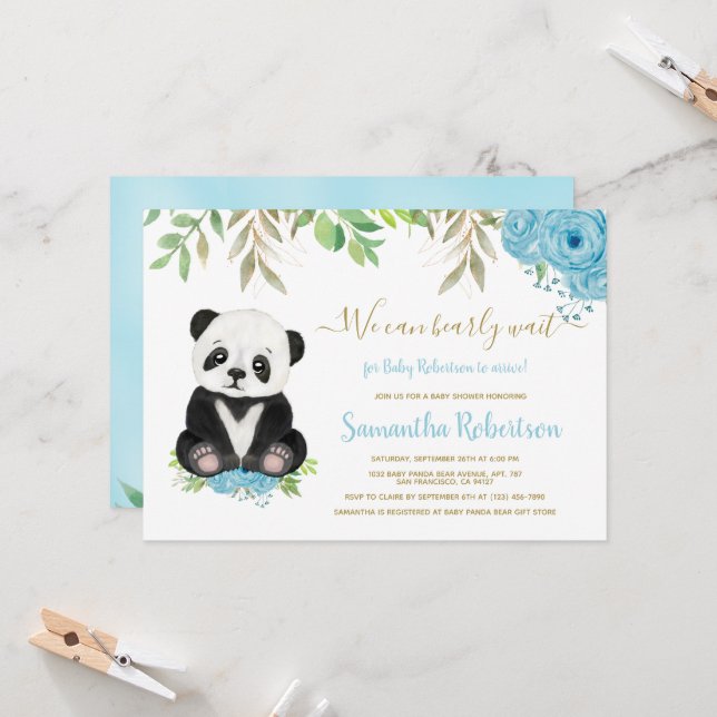 Cute Bear Watercolor Blue greenery Boy Baby Shower Invitation (Front/Back In Situ)