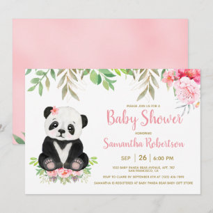 Cute Bear Watercolor Blush Pink Floral Baby Shower Invitation