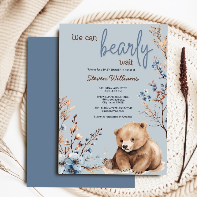 Cute bear watercolor boy baby shower invitation  (Adorable boho baby shower invite 🐻✨ ‘We Can Bearly Wait’ for your little one!)