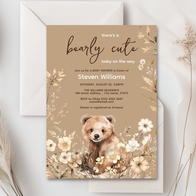 Cute bear watercolor boy baby shower invitation  (Cute watercolor forest bear with rustic beige flowers baby shower invitation)