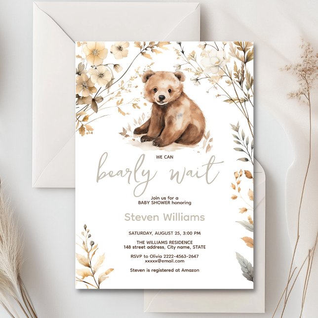 Cute bear watercolor boy baby shower invitation  (Cute watercolor forest bear with rustic beige flowers baby shower invitation)