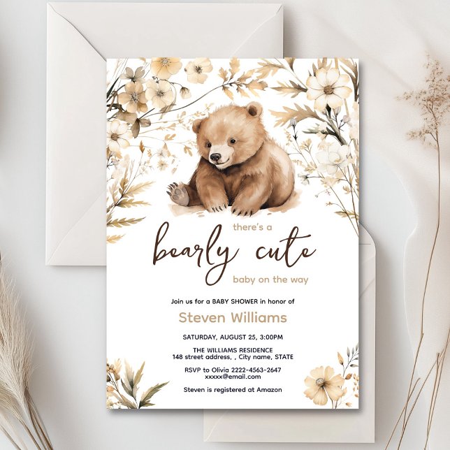 Cute bear watercolor boy baby shower invitation  (Cute watercolor forest bear with rustic beige flowers baby shower invitation)