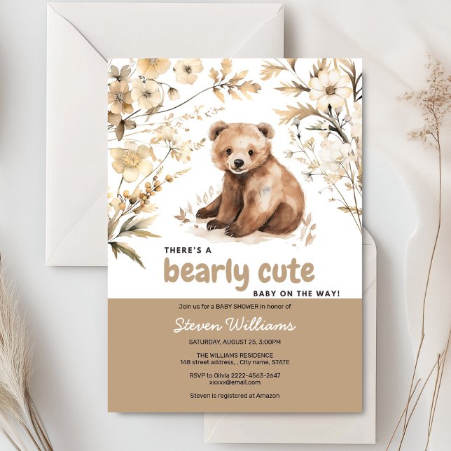 Cute bear watercolor boy baby shower invitation  (Cute bear with rustic beige flowers baby shower invitation)