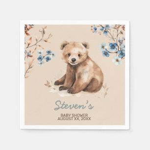 Cute bear watercolor boy baby shower invitation napkin