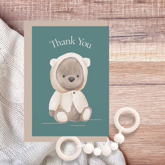 Cute Bear Watercolor Green Baby Shower Thank You  Card (Creator Uploaded)
