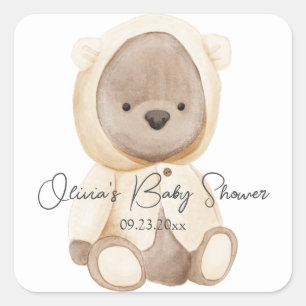 Cute Bear Watercolor Personalised Baby Shower Square Sticker