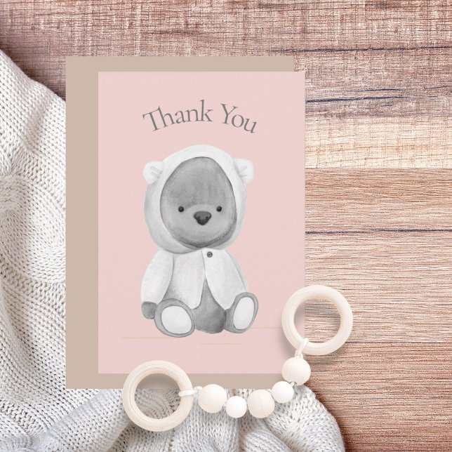 Cute Bear Watercolor Pink Baby Shower Thank You  Card (Creator Uploaded)