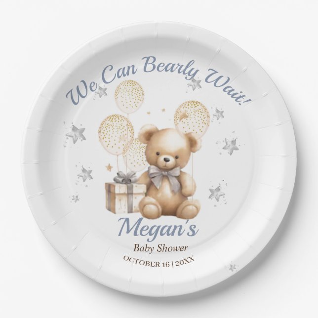 Cute Bear We Can Bearly Wait Boy Baby Shower  Paper Plate (Front)