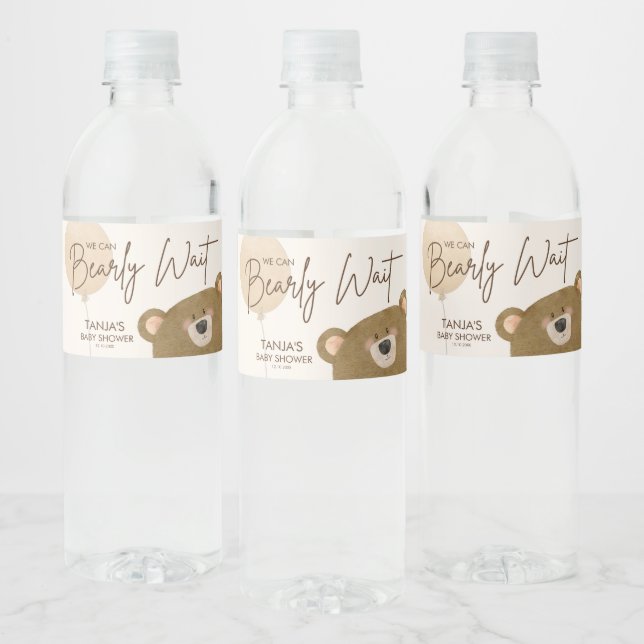 Cute Bear We Can Bearly Wait Gender Baby Shower  Water Bottle Label (Bottles)