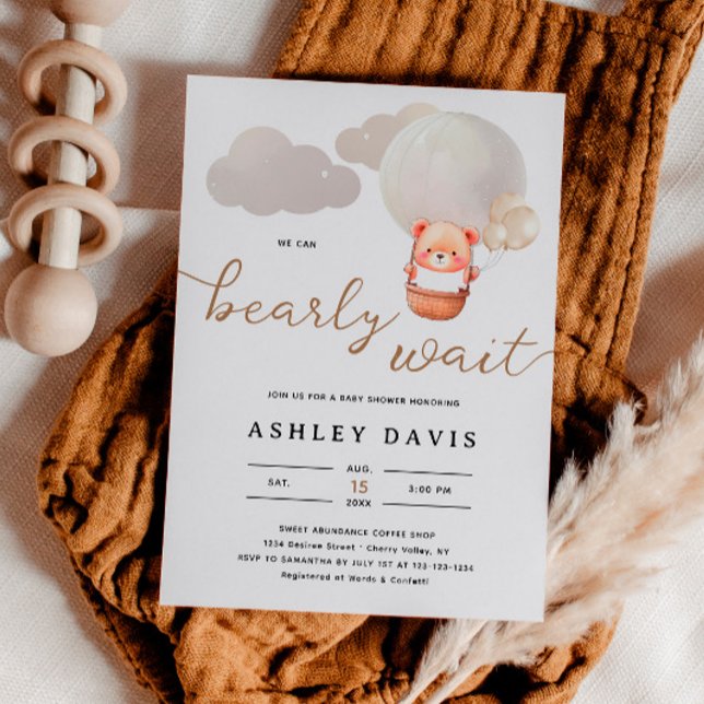 Cute Bear We Can Bearly Wait Script Baby Shower  Invitation (Creator Uploaded)
