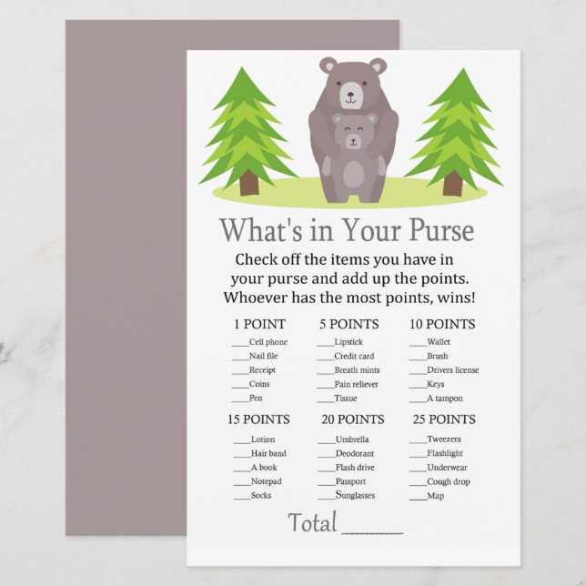 Cute Bear What's in your purse game baby shower (Front/Back)