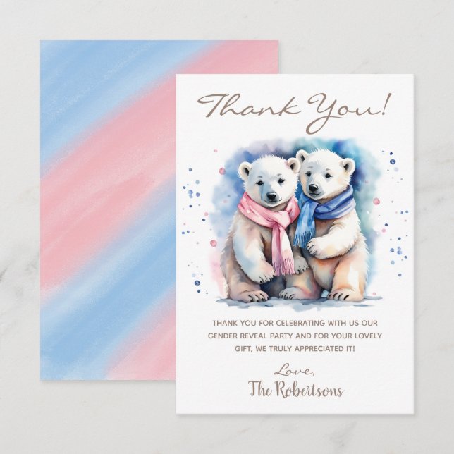 Cute Bear Winter Animal Gender Reveal Party Thank You Card (Front/Back)
