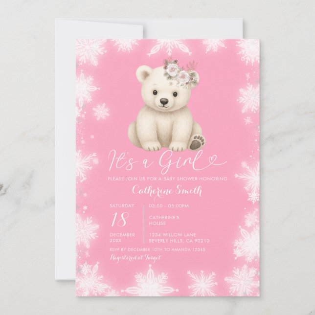 Cute Bear Winter White Snowflakes Girl Baby Shower Invitation (Front)