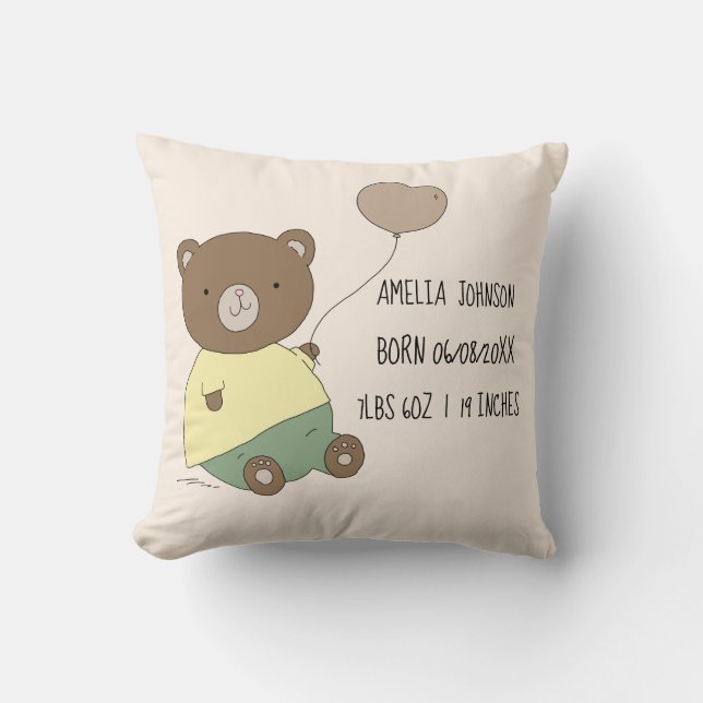 Cute Bear with Balloon Baby Birth Stats Keepsake Cushion (Front)