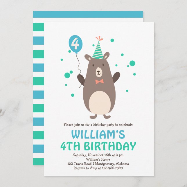 Cute Bear with Balloon Birthday Party Invitation (Front/Back)