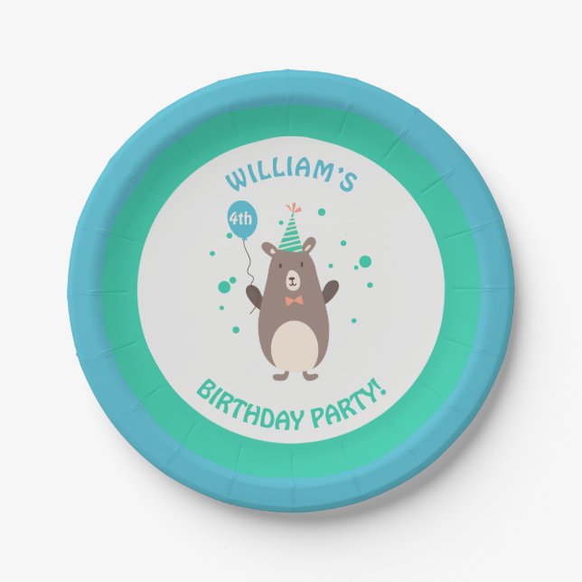 Cute Bear with Balloon Birthday Party Paper Plate (Front)