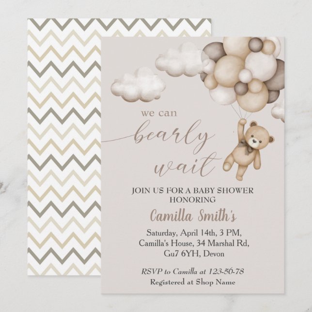 Cute Bear With Balloons Baby Shower Invitation (Front/Back)