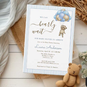 Cute Bear with Balloons Blue Boy Baby shower Invitation