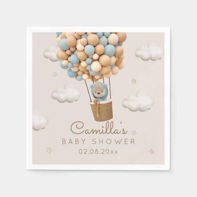 Cute Bear With Balloons Boy Baby Shower  Napkin (Front)