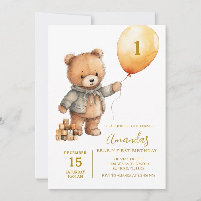 Cute Bear With  Balloons Boy First Birthday  Invitation (Front)