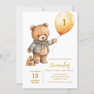 Cute Bear With  Balloons Boy First Birthday  Invitation