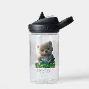 Cute Bear with Book Kids School Personalised Name Water Bottle