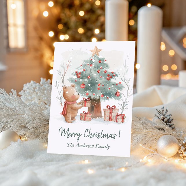 Cute Bear with Christmas Tree Watercolor Family    Holiday Card (Creator Uploaded)