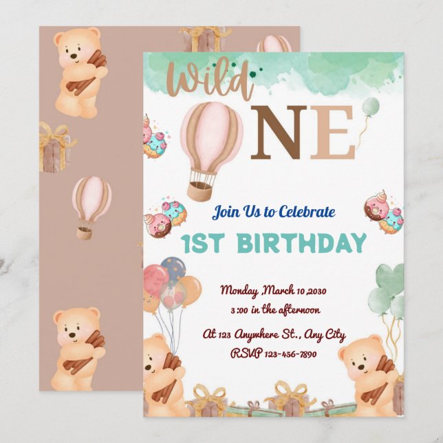 cute bear with colourful balloon for 1st birthday invitation (Front/Back)