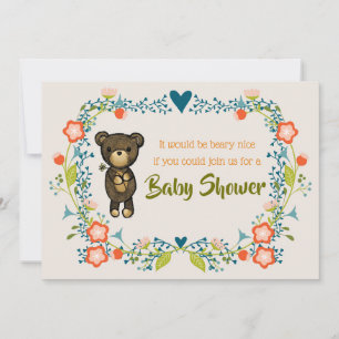 Cute Bear with Floral Wreath Baby Shower Invitation