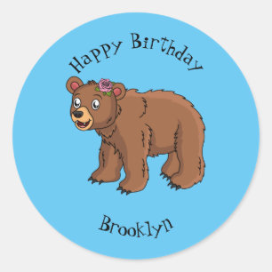 Cute bear with flower cartoon illustration classic round sticker