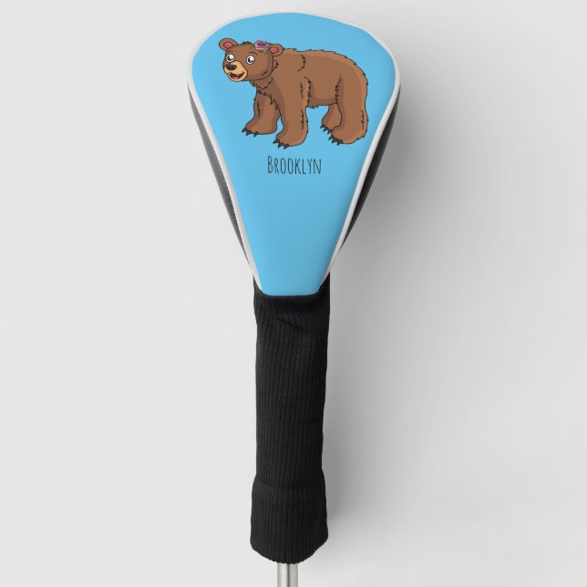 Cute bear with flower cartoon illustration  golf head cover (Front)