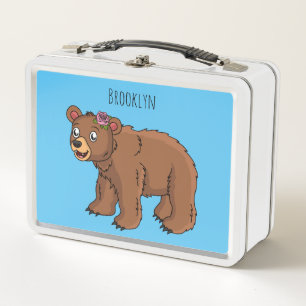 Cute bear with flower cartoon illustration metal lunch box