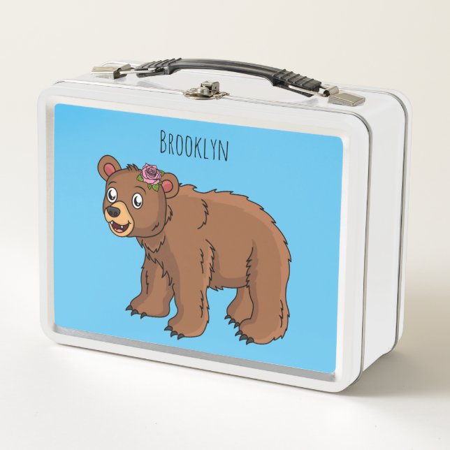Cute bear with flower cartoon illustration metal lunch box (Front)