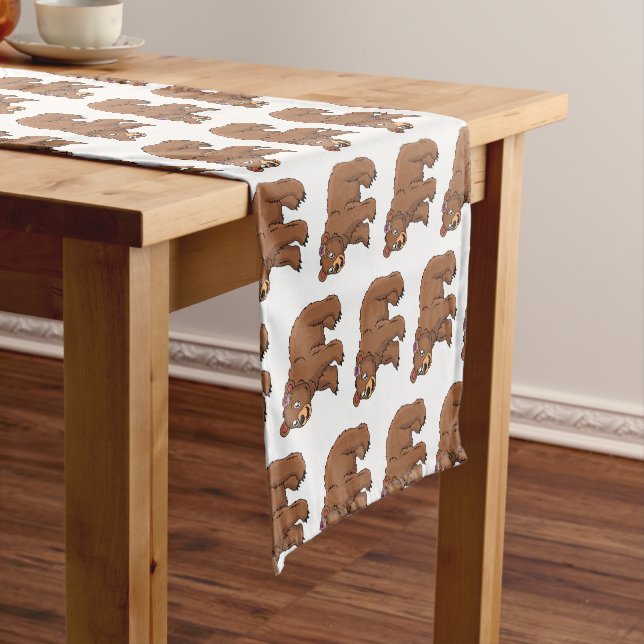 Cute bear with flower cartoon illustration  short table runner (In Situ)