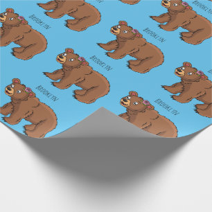 Cute bear with flower cartoon illustration wrapping paper