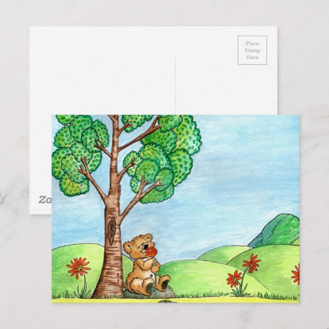 Cute Bear with Flowers Postcard (Front/Back)