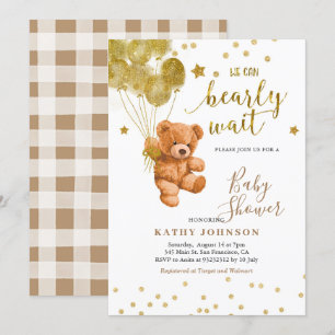 Cute Bear with Gold Balloon Baby Shower Invitation