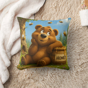 Cute Bear with Honey Barrel & Happy Bees Cushion
