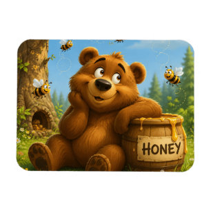Cute Bear with Honey Barrel & Happy Bees Magnet