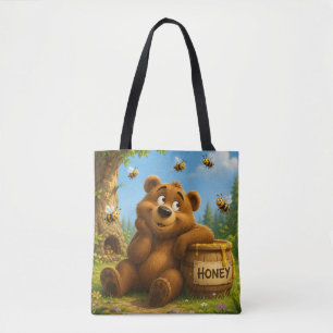 Cute Bear with Honey Barrel & Happy Bees Tote Bag