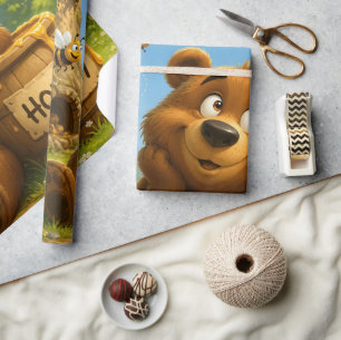 Cute Bear with Honey Barrel & Happy Bees Wrapping Paper