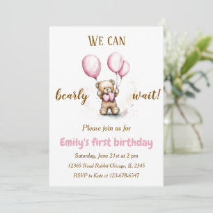 Cute Bear with Pink Balloons   Birthday Invitation