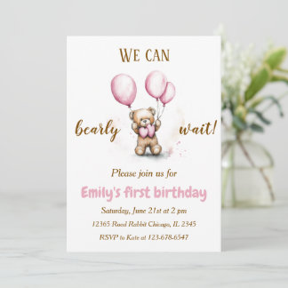 Cute Bear with Pink Balloons | Birthday Invitation