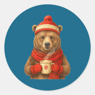 Cute Bear With Santa Hat Coffee Lover Funny Winter Classic Round Sticker