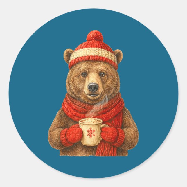 Cute Bear With Santa Hat Coffee Lover Funny Winter Classic Round Sticker (Front)