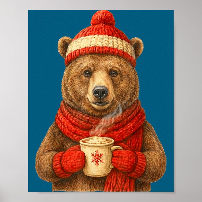 Cute Bear With Santa Hat Coffee Lover Funny Winter Poster (Front)